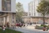 Neighbourhood community center and local supermarket on the new buildings of the projected public square, view to the east